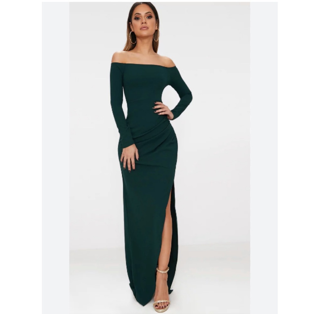 PrettyLittleThing Dark Green Off-Shoulder Dress